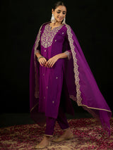 Women's Purple Embroidered Straight Kurta Trouser with Dupatta set