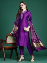 Women's Purple Straight Kurta Trouser with Dupatta Set