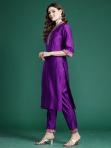 Women's Purple Straight Kurta Trouser with Dupatta Set