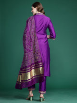 Women's Purple Straight Kurta Trouser with Dupatta Set
