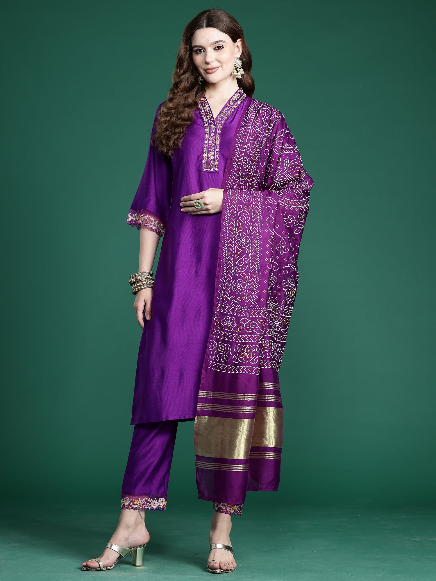 Women's Purple Straight Kurta Trouser with Dupatta Set
