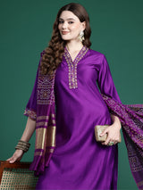 Women's Purple Straight Kurta Trouser with Dupatta Set