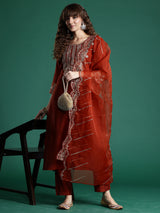 Women's Red Embroidered Straight Kurta Trouser with Dupatta Set