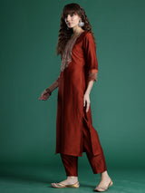 Women's Red Embroidered Straight Kurta Trouser with Dupatta Set