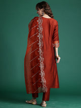 Women's Red Embroidered Straight Kurta Trouser with Dupatta Set