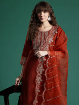 Women's Red Embroidered Straight Kurta Trouser with Dupatta Set