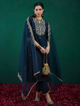 Women's Green Embroidered Straight Kurta Trouser with Dupatta Set