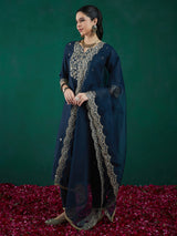 Women's Green Embroidered Straight Kurta Trouser with Dupatta Set
