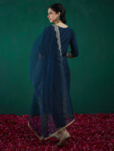Women's Green Embroidered Straight Kurta Trouser with Dupatta Set