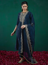 Women's Green Embroidered Straight Kurta Trouser with Dupatta Set