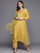 Women's Yellow Embroidered Straight Kurta Trouser with Dupatta Set