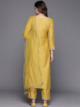 Women's Yellow Embroidered Straight Kurta Trouser with Dupatta Set