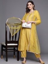 Women's Yellow Embroidered Straight Kurta Trouser with Dupatta Set