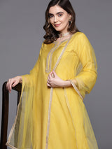 Women's Yellow Embroidered Straight Kurta Trouser with Dupatta Set