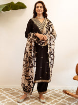 Women's Black Embroidered Straight Kurta Salwar with Dupatta Set