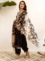 Women's Black Embroidered Straight Kurta Salwar with Dupatta Set