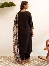 Women's Black Embroidered Straight Kurta Salwar with Dupatta Set