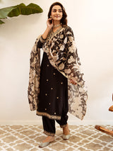 Women's Black Embroidered Straight Kurta Salwar with Dupatta Set