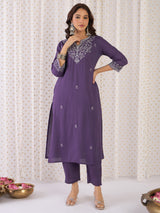 Women's Purple Printed Straight Kurta Trouser with Dupatta Set