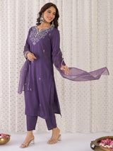 Women's Purple Printed Straight Kurta Trouser with Dupatta Set