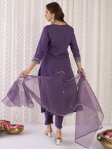 Women's Purple Printed Straight Kurta Trouser with Dupatta Set