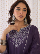 Women's Purple Printed Straight Kurta Trouser with Dupatta Set
