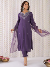 Women's Purple Printed Straight Kurta Trouser with Dupatta Set