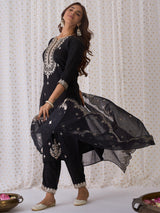 Women's Black Embroidered Straight Kurta Trouser with Dupatta Set