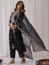 Women's Black Embroidered Straight Kurta Trouser with Dupatta Set