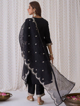 Women's Black Embroidered Straight Kurta Trouser with Dupatta Set