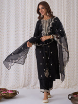 Women's Black Embroidered Straight Kurta Trouser with Dupatta Set