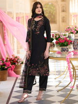 Women's Black Embroidered Straight Kurta Trouser with Dupatta Set