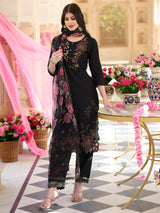 Women's Black Embroidered Straight Kurta Trouser with Dupatta Set