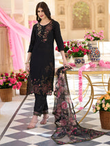 Women's Black Embroidered Straight Kurta Trouser with Dupatta Set