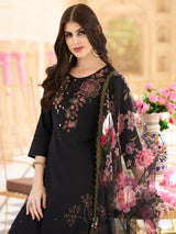 Women's Black Embroidered Straight Kurta Trouser with Dupatta Set