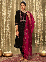 Women's Black Embroidered Straight Kurta Trouser with Dupatta set