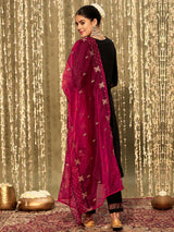 Women's Black Embroidered Straight Kurta Trouser with Dupatta set