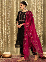 Women's Black Embroidered Straight Kurta Trouser with Dupatta set