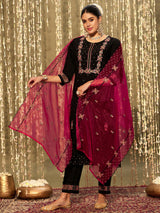 Women's Black Embroidered Straight Kurta Trouser with Dupatta set