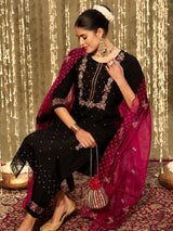 Women's Black Embroidered Straight Kurta Trouser with Dupatta set