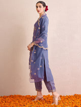 Women's Blue Straight Embroidered Kurta Trouser with Dupatta Set