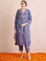 Women's Blue Straight Embroidered Kurta Trouser with Dupatta Set