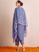 Women's Blue Straight Embroidered Kurta Trouser with Dupatta Set