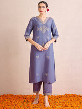 Women's Blue Straight Embroidered Kurta Trouser with Dupatta Set