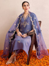 Women's Blue Straight Embroidered Kurta Trouser with Dupatta Set