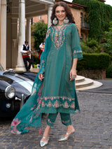 Women's Blue Embroidered A-Line Kurta Trouser with Dupatta Set