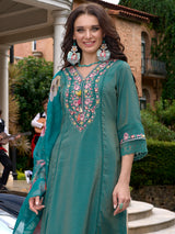 Women's Blue Embroidered A-Line Kurta Trouser with Dupatta Set