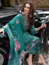 Women's Blue Embroidered A-Line Kurta Trouser with Dupatta Set