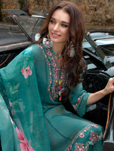 Women's Blue Embroidered A-Line Kurta Trouser with Dupatta Set