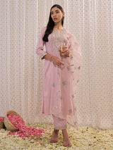 Women's Pink Embroidered Straight Kurta Trouser with Dupatta set